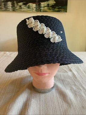 Black Pearl-Embellished Polyester Bucket Hat for Women